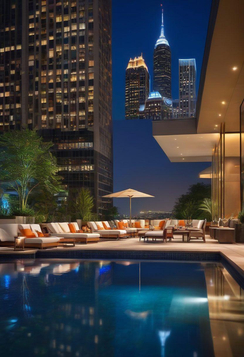 A grandiose luxury hotel in Midtown Atlanta with towering skyscrapers as a backdrop, featuring lavish amenities like an infinity pool, rooftop bar, and a high-end restaurant. Bellhops in crisp uniforms and happy guests being catered to, showcasing the pinnacle of service. Artistic night lighting highlighting the elegance of the establishment. super-realistic. vibrant colors.
