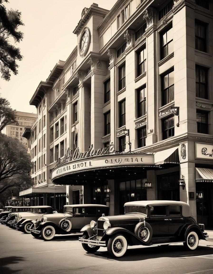 A grand and historic Atlanta hotel standing majestically with intricate architectural details, surrounded by vintage cars and pedestrians in 1920s attire. A sepia-toned color scheme enhances the nostalgic feel, with an elegant mix of classic and contemporary elements subtly highlighting its evolution over time. A ghostly overlay of its transformation over the decades. painting. sepia tone.