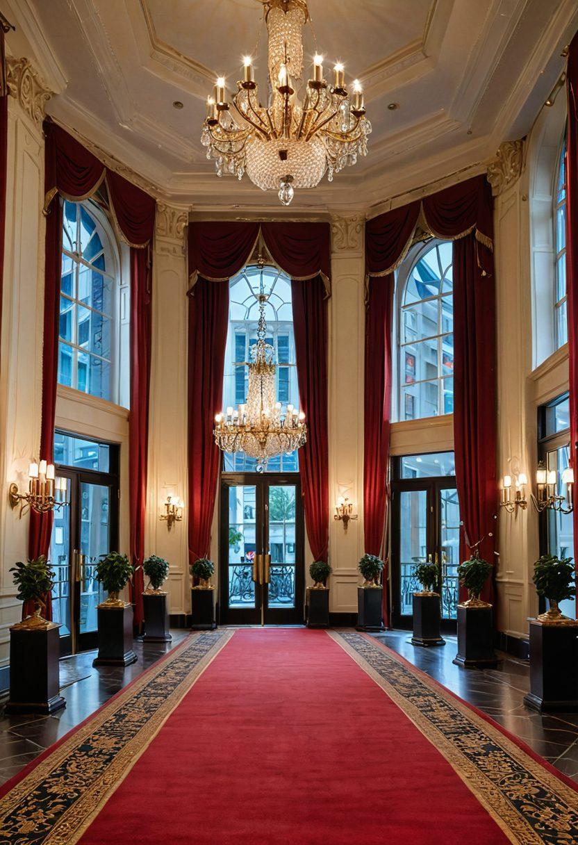 An opulent, grand entrance of The Georgian Terrace Hotel in Atlanta, featuring elegant chandeliers, a red carpet, and lavish decor. Guests in sophisticated attire are seen mingling. The Atlanta skyline is visible through tall, pristine windows. super-realistic. vibrant colors. luxurious ambiance.